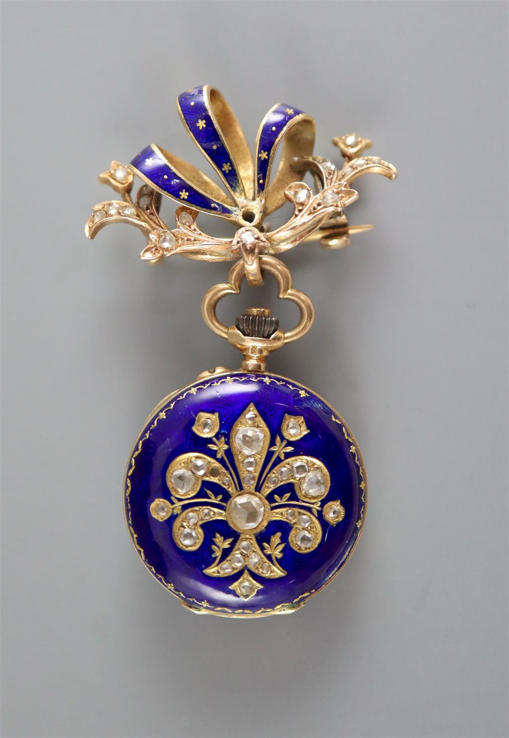 An early to mid 20th century LeCoultre & Co 18k, blue enamel and rose cut diamond set fob watch and similar brooch suspension,